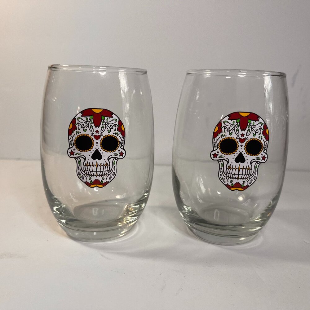 Day of the Dead Stemless Sugar Skull Glass Wine Glasses White Halloween Set/2